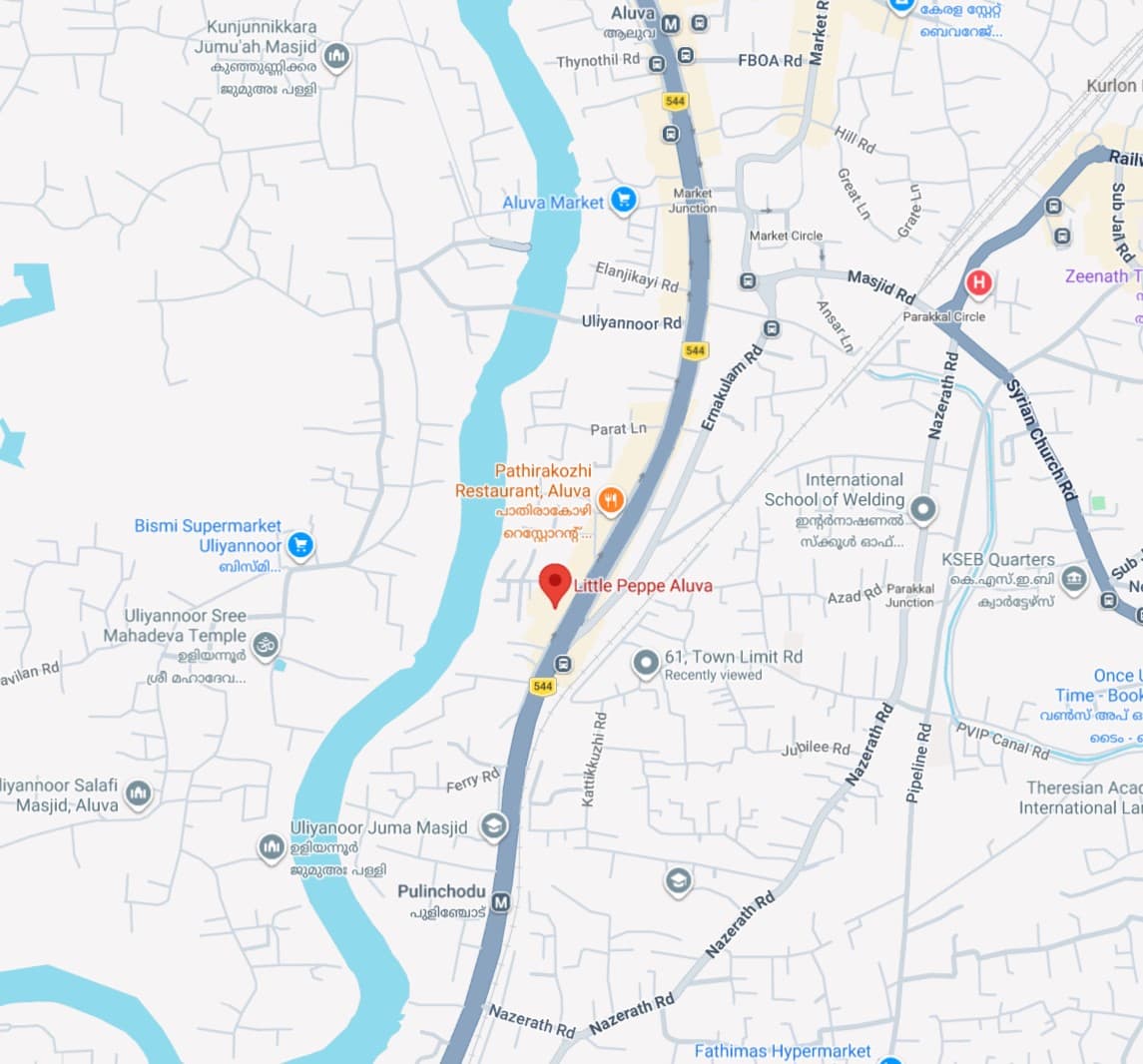 Map showing Little Peppe Aluva at Pulinchodu Junction, Opposite Metro Pillar 57, Aluva, Kochi
