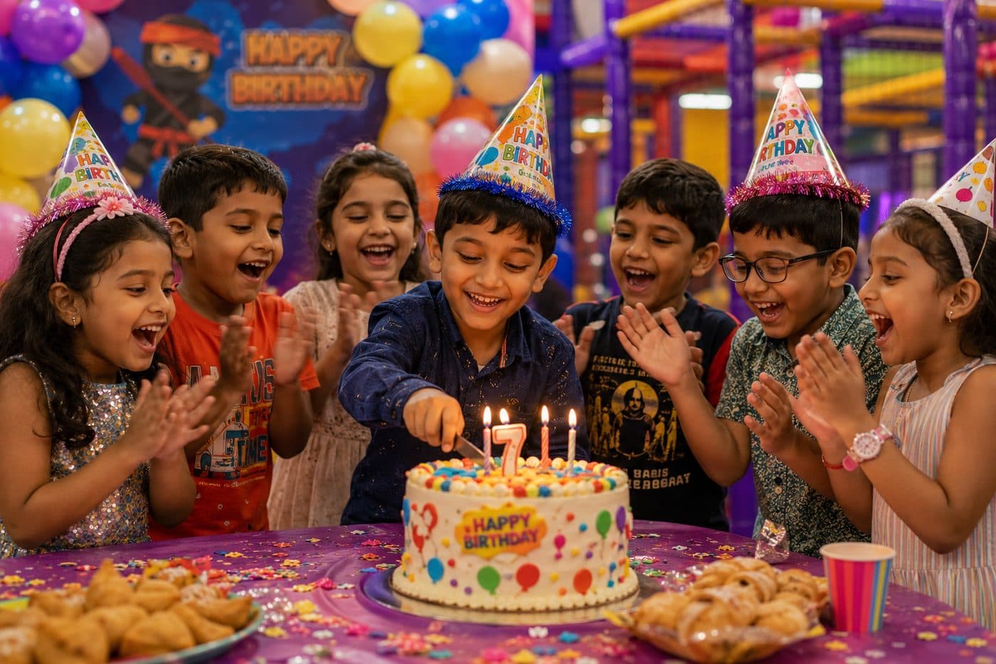 Children celebrating a birthday with cake and party hats