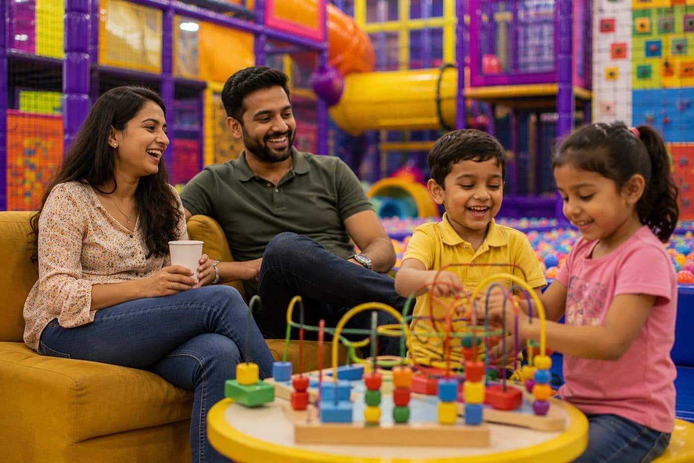 A family relaxing together at the indoor play zone