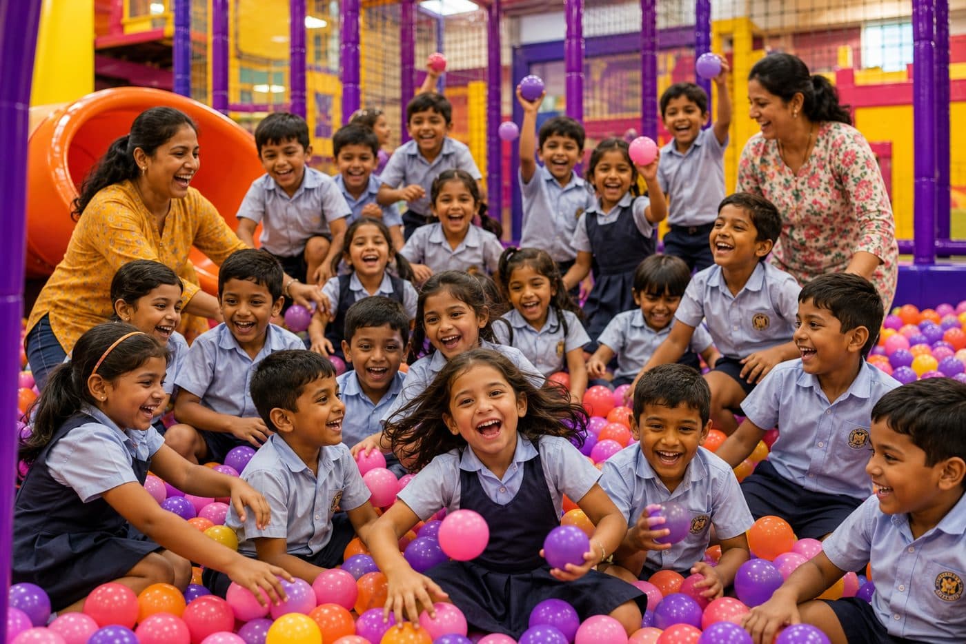 A school group of children in uniform with their teachers enjoying the ball pit at Little Peppe