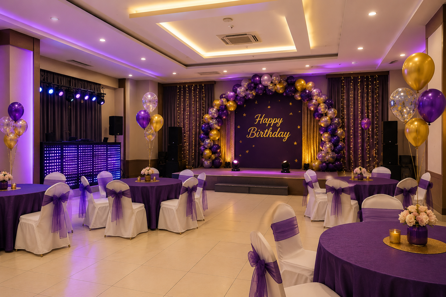 Little Peppe premium AC party hall with DJ setup and colourful decorations